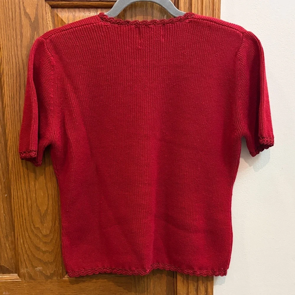 Vintage Cherry Red Cotton Blend Cardigan Medium Crochet Detail Cottagecore Boho - Picture 6 of 7